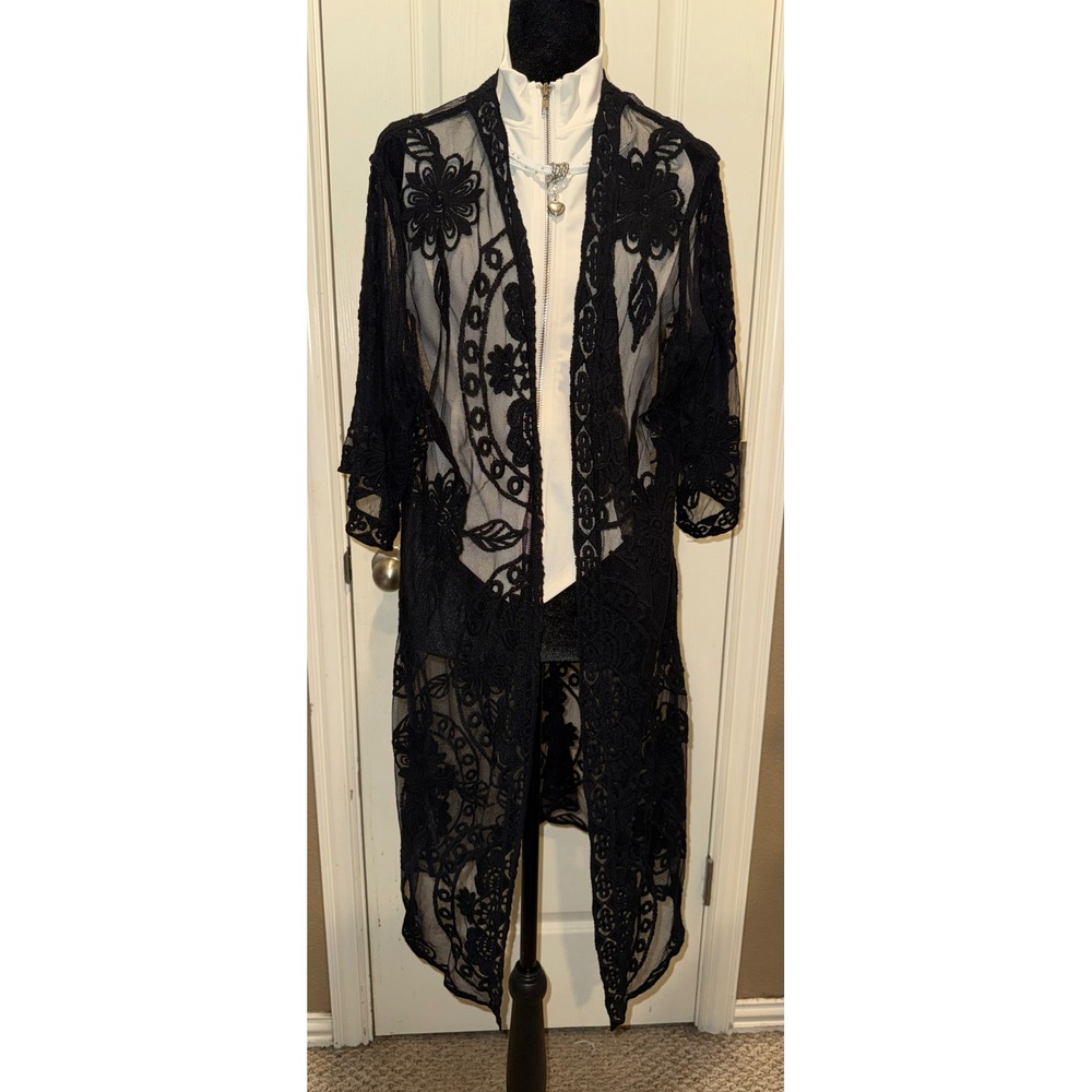 Black Sheer Floral Embroidered Mesh Duster Cardigan L-XL TT241193